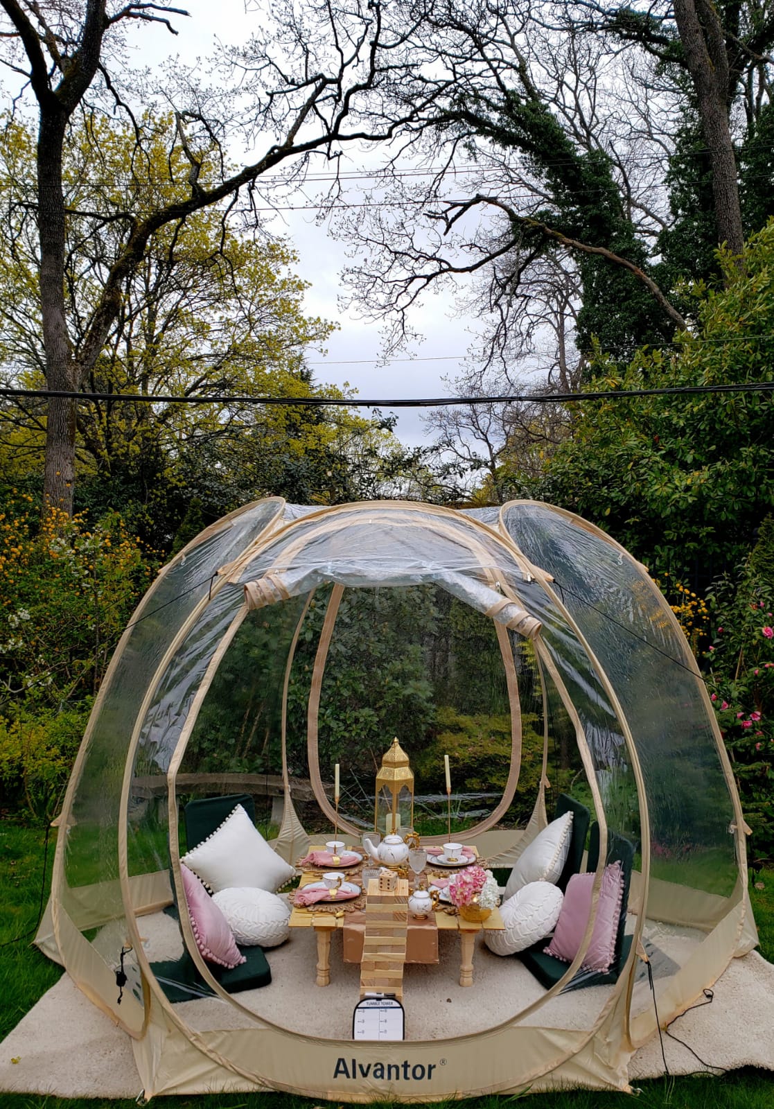 A garden celebration styled inside a clear dome with soft cushions