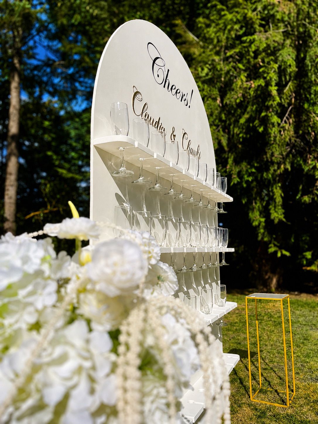 Champagne wall with couple names for a wedding