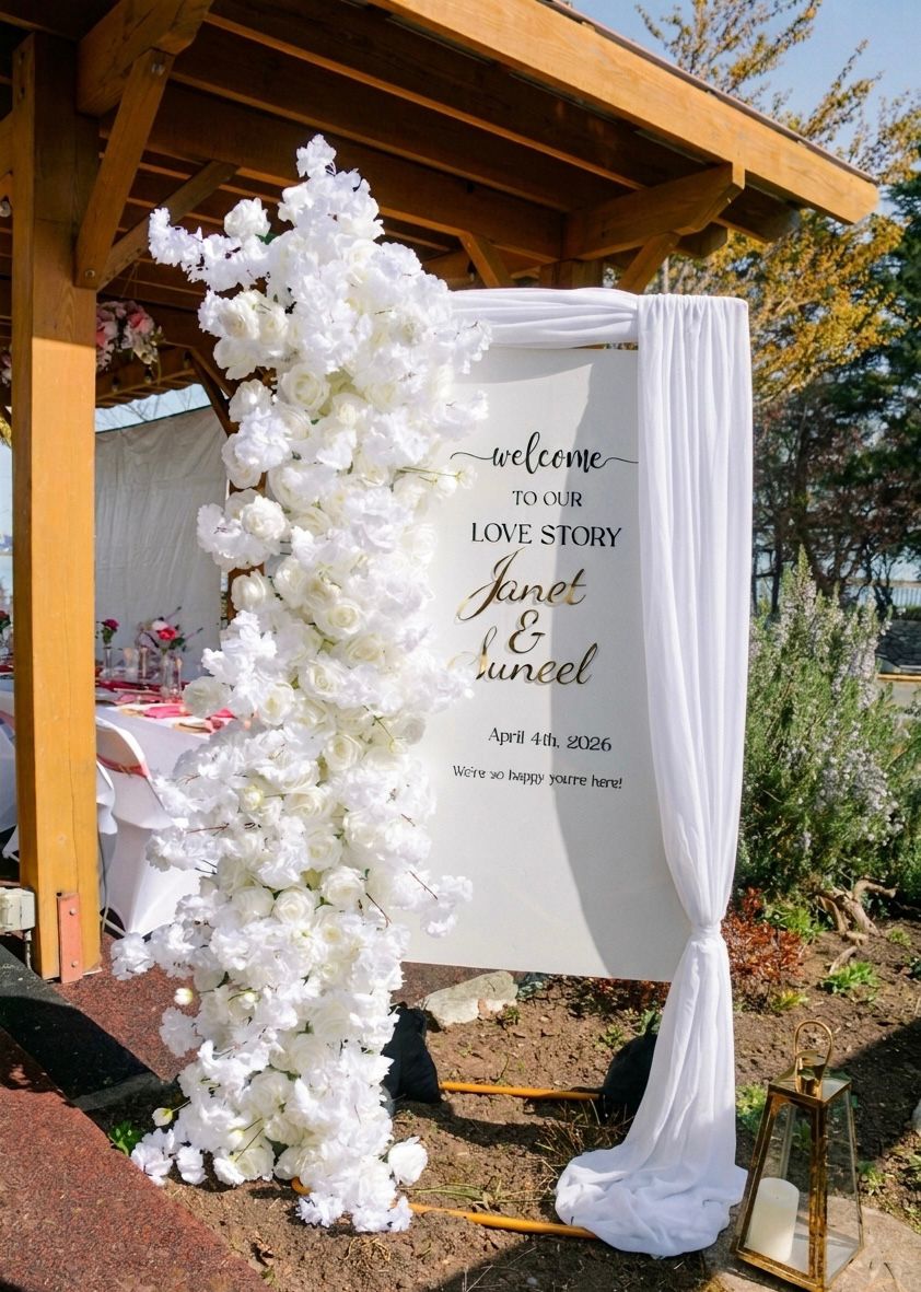White floral wedding welcome sign under a gazebo